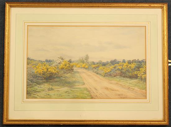 Charles A. Brindley (fl.1888-1916) Rabbits and gorse beside a moorland track, 9 x 14.75in.